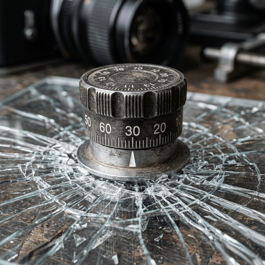 Combination lock dial placed on broken glass shards