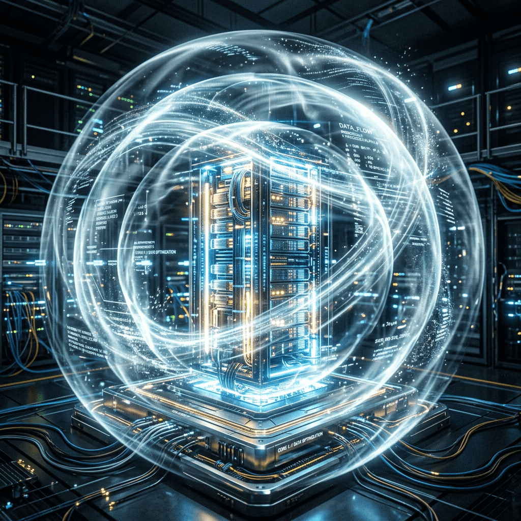 Glowing data server enclosed in swirling digital energy with data flow visuals