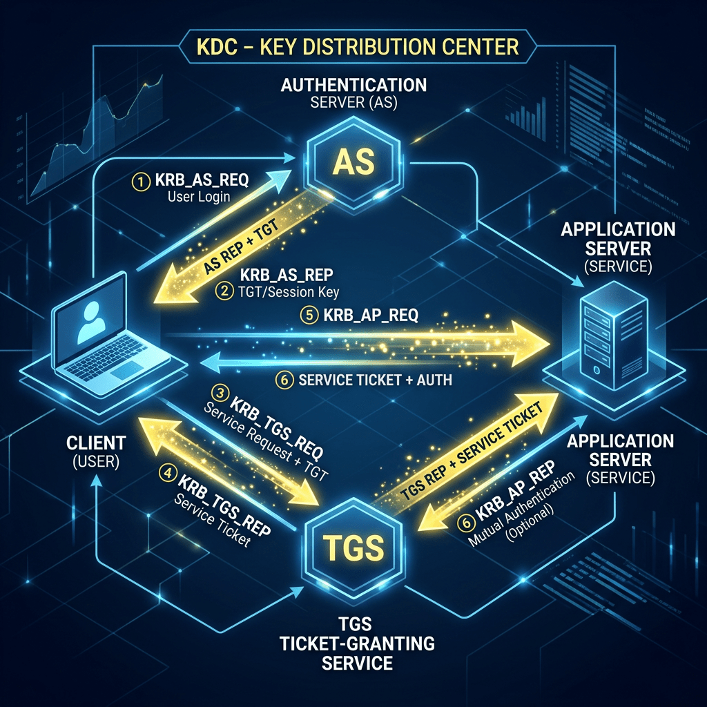 Diagram showing the Kerberos authentication flow involving client, authentication server, ticket-granting service, and application servers with labeled message exchanges.
