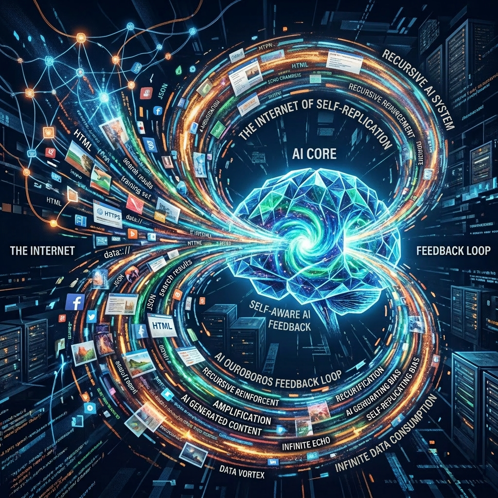 Abstract digital brain labeled AI core receiving and processing internet data in a continuous feedback loop