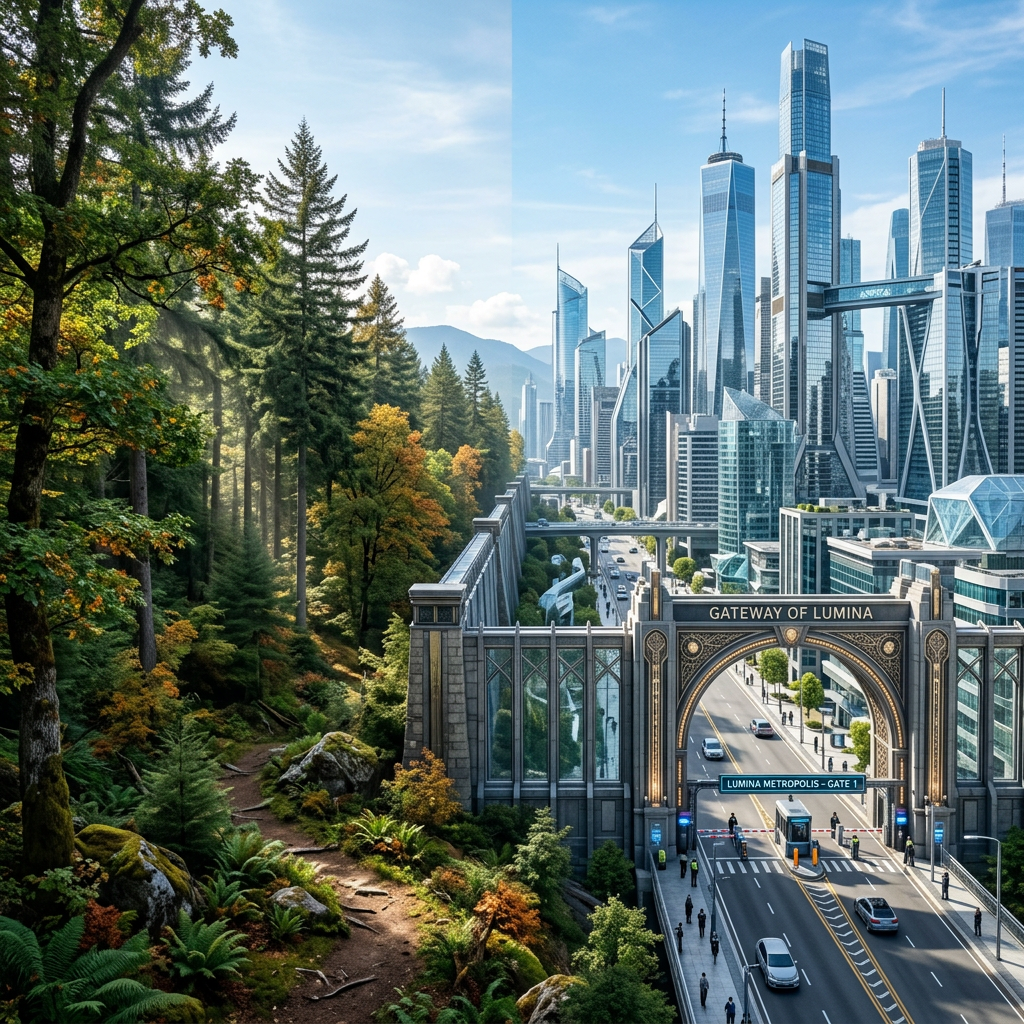 Gateway separating a dense forest and a futuristic city skyline with skyscrapers