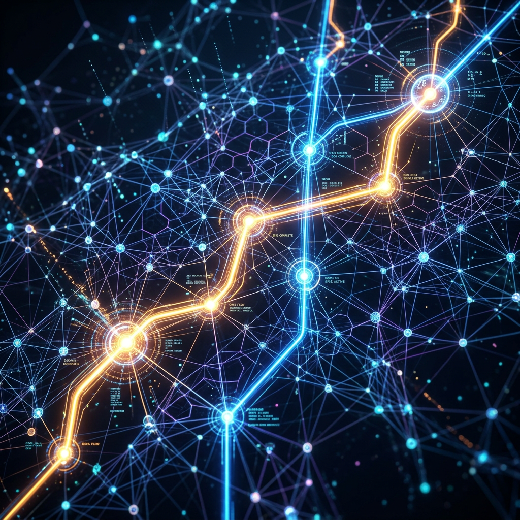 Glowing interconnected nodes and lines representing neural network data paths
