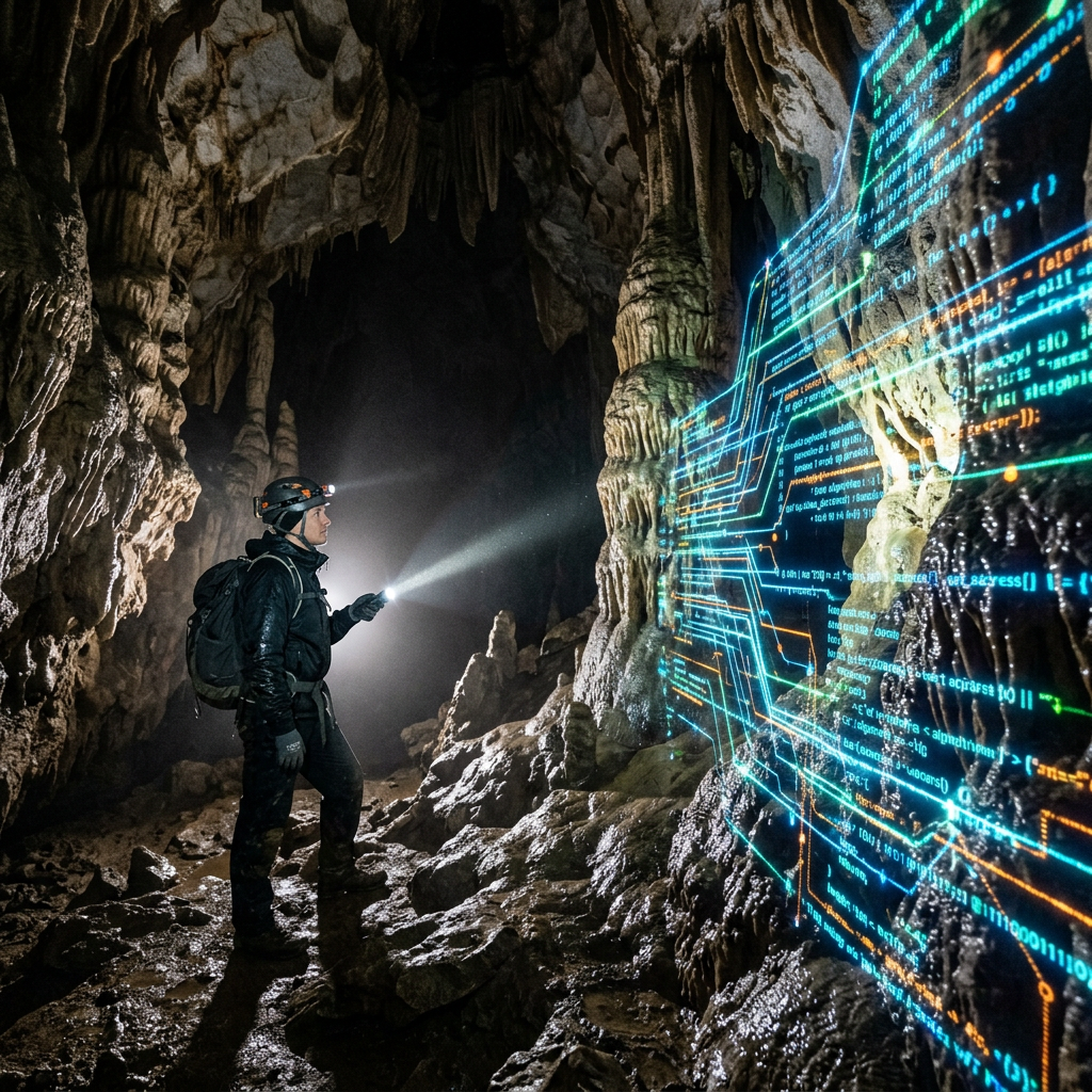 Explorer in cave shining flashlight on digital code projected on rock formations