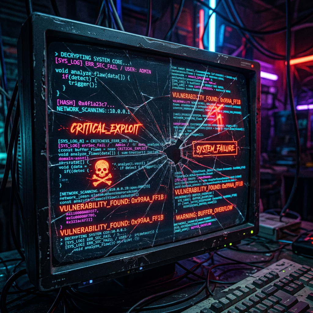 Computer screen with cracked glass displaying critical exploit, system failure, and vulnerability warnings in colorful text