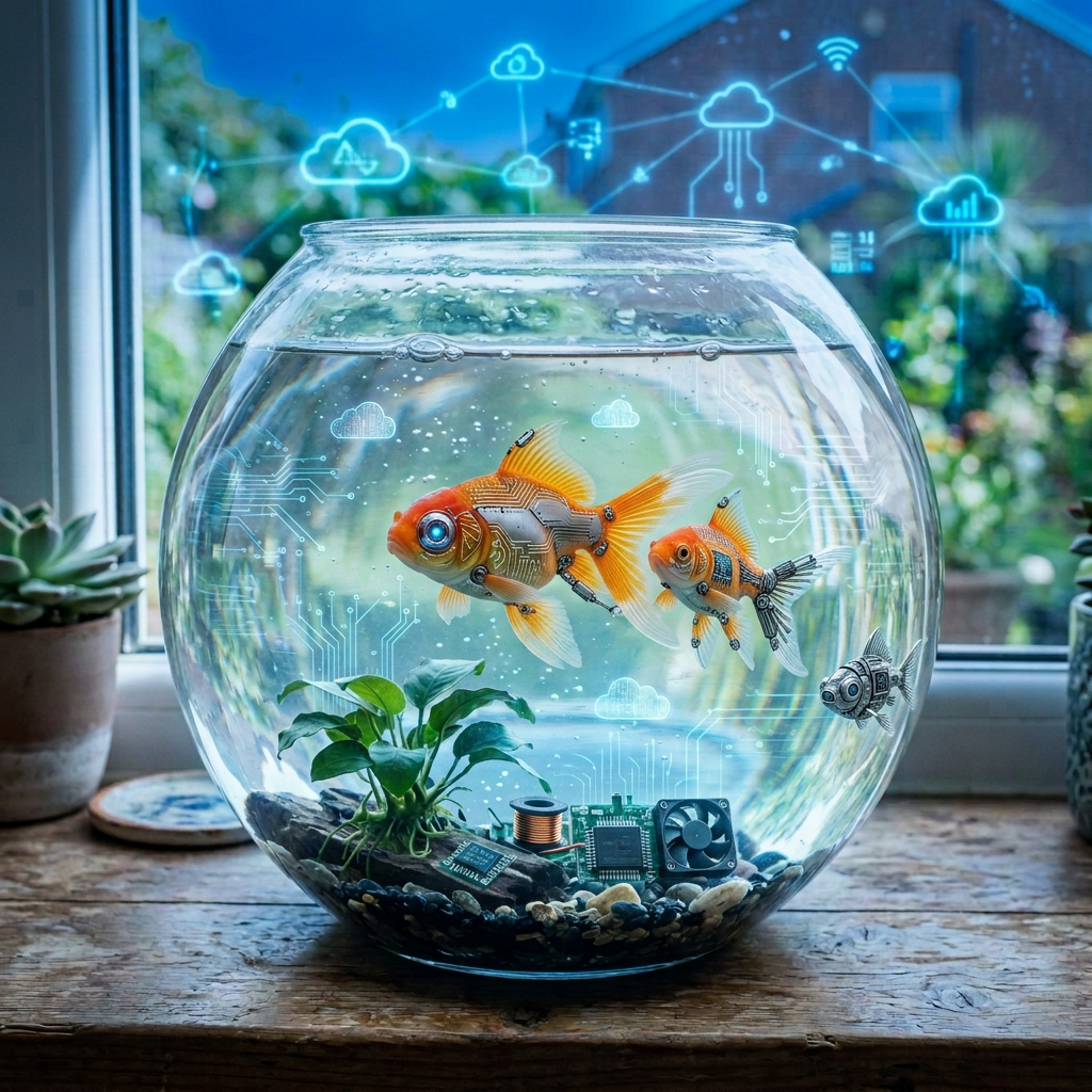 Three orange goldfish swimming in a glass fishbowl with plants and pebbles inside