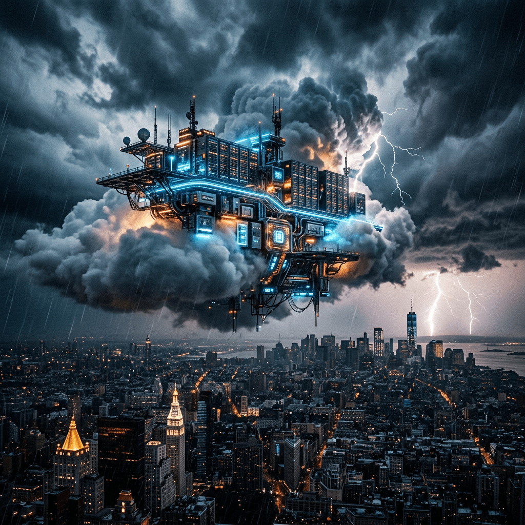 Floating futuristic server platform surrounded by clouds and lightning over a nighttime cityscape
