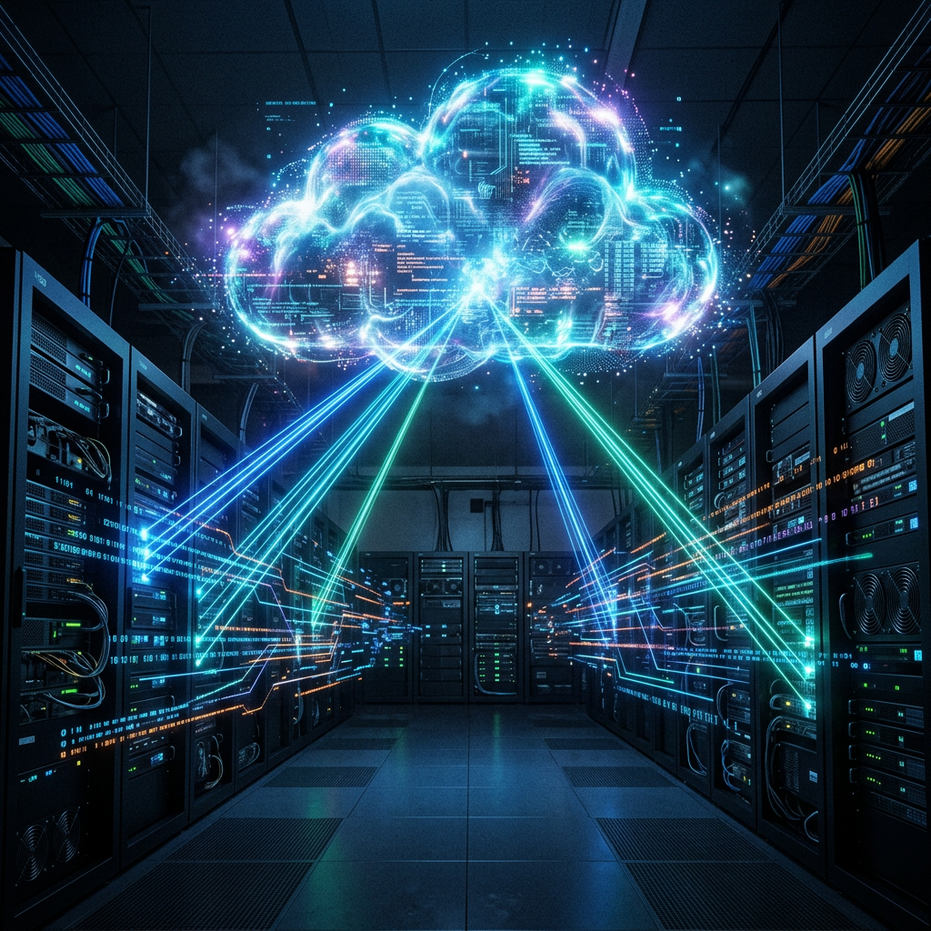 Server racks in a data center connected with digital beams to a holographic cloud with data symbols