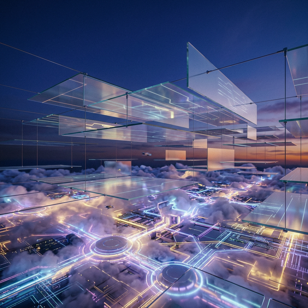 Neon-lit digital city with floating transparent glass panels above clouds at dusk