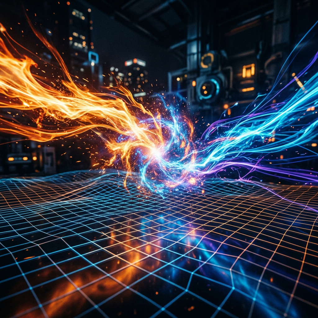 Blue and orange glowing energy streams colliding above a blue digital grid