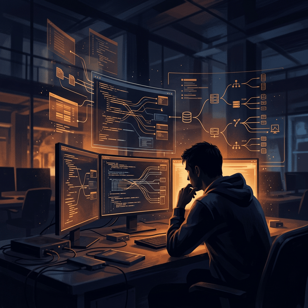 Developer studying code and distributed system diagrams across multiple monitors